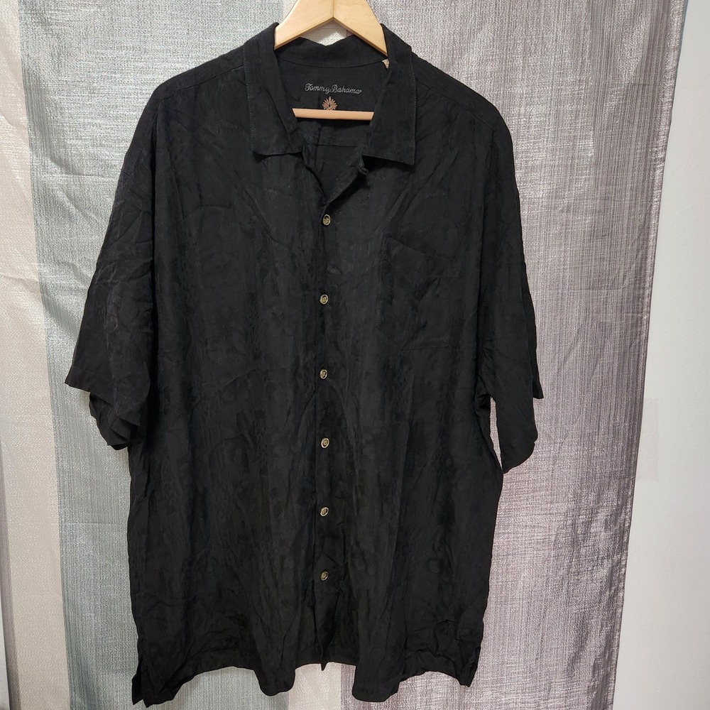 Tommy Bahama Mens XXL Black 100% Silk Jacquard Tropical Floral Camp Shirt
